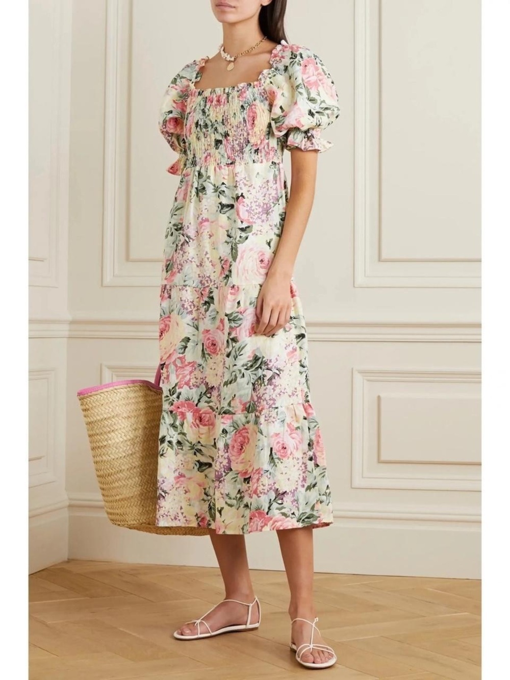 NWT Faithfull the Brand De Christin Venissa Pink Floral Smocked Maxi Dress Sz 10
